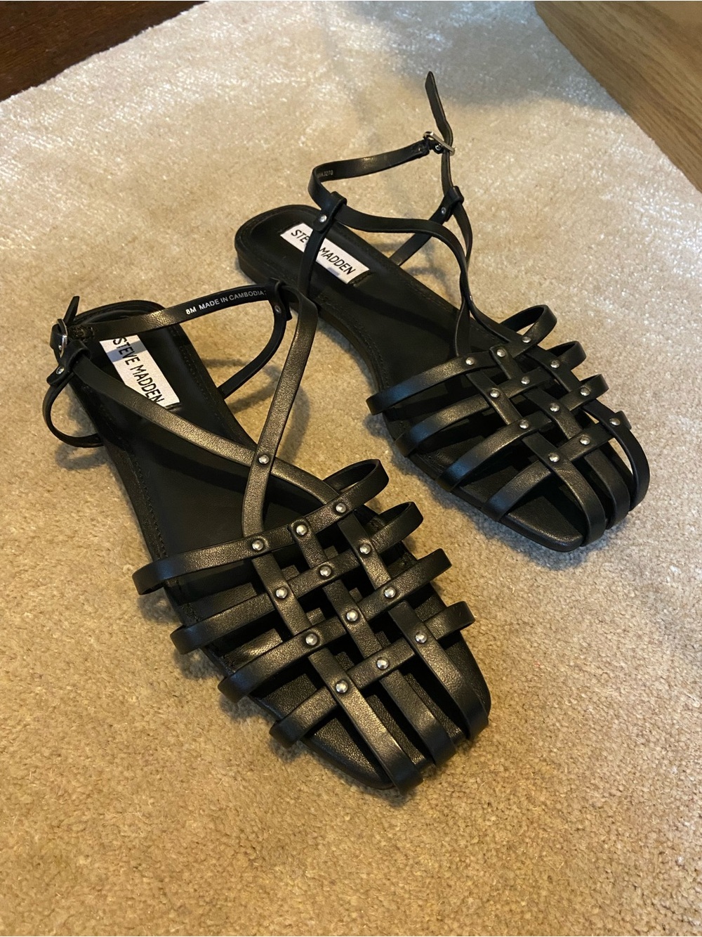 Steve Madden Black Studded Woven Ankle-Strap Sandals